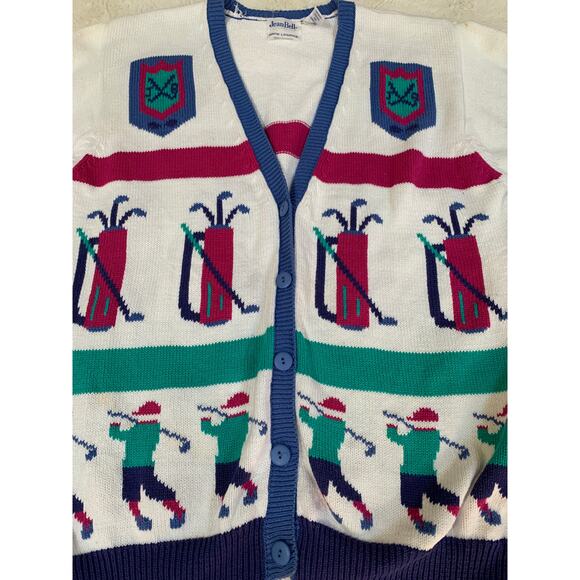 Vintage JeanBell Hand Loomed Knit Cardigan Golf Theme Small Medium - Picture 2 of 7